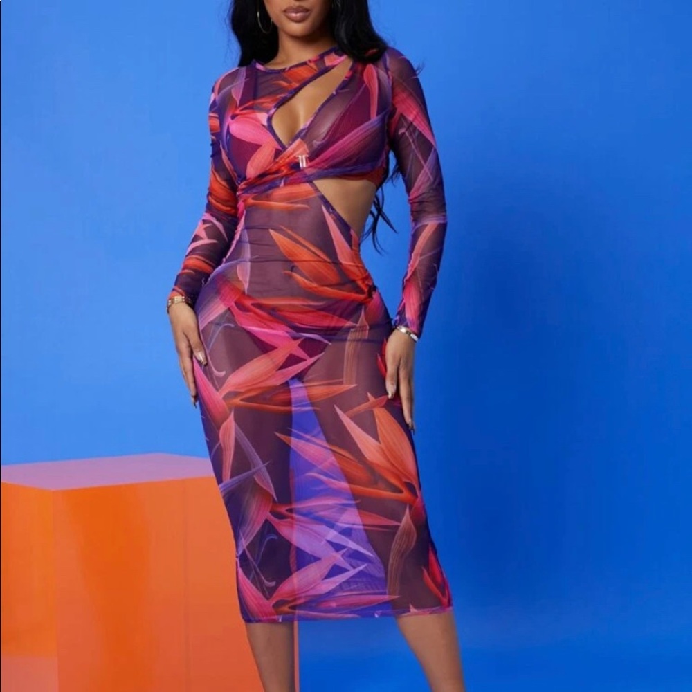 SHEIN SXY Birds of Paradise Floral Sheer Mesh Bodycon Mini Dress